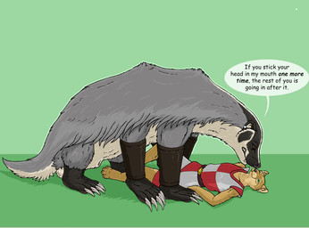 6_legs animal_genitalia anthro balls brown_eyes claws clothed clothed_anthro clothed_male clothing countershade_fur countershading dialogue duo feral fully_clothed fully_clothed_anthro fully_clothed_male fully_sheathed fur genitals green_background green_eyes grey_body grey_fur lying male male/male male_anthro male_feral multi_leg multi_limb on_back paws quadruped sheath simple_background snout speech_bubble talking_feral text whiskers white_body white_fur strega bartleby_(strega) badger felid mammal mustelid musteline absurd_res english_text hi_res