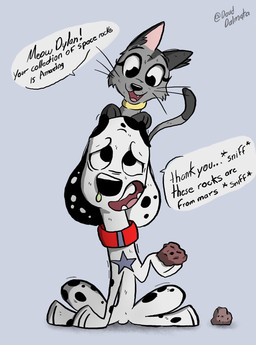 allergy black_body black_fur black_nose black_spots bubble_helmet collar collar_tag duo female feral fur goo_in_nose grey_body grey_fur heterochromatic_ears holding_rock male pink_inner_ear red_collar spots star_collar_tag toony white_body white_fur dauddalmata 101_dalmatian_street 101_dalmatians disney deidra_(cartooncross) dylan_(101_dalmatians) canid canine canis dalmatian domestic_cat domestic_dog felid feline felis mammal hi_res