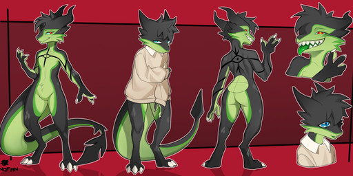anthro bottomless claws clothed clothing feet fluffy fluffy_hair hair happy horn looking_at_viewer male multicolored_body multicolored_tail naughty_face nude scales scaly_tail simple_background solo tail teeth teeth_showing toes tongue tongue_out sonofan kobold scalie absurd_res hi_res model_sheet