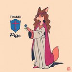 1:1 2023 accessory anthro blue_eyes brown_hair canid canine cape clothing coat_of_arms conditional_dnp dress english_text female flower footwear fox fox-pop fur hair headband hi_res holding_flower holding_object mammal markings mole_(marking) orange_body orange_fur plant red_fox shoes simple_background smile solo tan_background tan_body tan_fur text true_fox