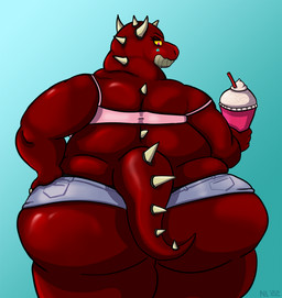 anthro beverage big_butt bottomwear butt clothing container cup female horn hotpants magenta_eyes obese obese_anthro obese_female overweight overweight_anthro overweight_female red_body red_scales scales shorts thick_thighs topwear ventral_scales neon_lizard if_hell_had_a_taste pepper_crush 2022 digital_media_(artwork) hi_res