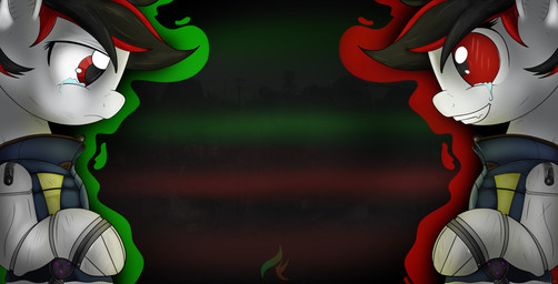 1_artificial_limb alternate_universe amputee bodily_fluids clothing crying cybernetic_leg cybernetic_limb cybernetics disability duo female feral green_hair hair horn machine quadruple_amputee red_eyes red_hair tears vault_suit total-krazen fallout fallout_equestria foe:_project_horizons friendship_is_magic hasbro microsoft my_little_pony mythology blackjack_(fallout_equestria) fan_character cyborg equid equine horse mammal mythological_creature mythological_equine pony unicorn absurd_res crossover hi_res