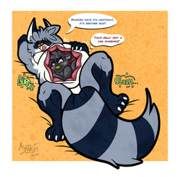 abdominal_bulge anthro bite biting_lip claws dialogue digestion digestion_noises duo fur hair hand_on_belly internal licking licking_lips lying male nude nude_anthro nude_male on_back paws soft_vore sound_effects speech_bubble tail text thought_bubble tongue tongue_out vore awoogasm vox_(awoogasm) mammal procyonid raccoon 2021 english_text hi_res signature