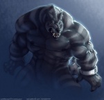 abs anthro biceps big_muscles chain claws cuff_(restraint) fangs featureless_crotch fur green_eyes grey_body grey_fur huge_muscles male markings muscular muscular_anthro muscular_male nipples nude pecs pose restraints shackles solo stripes tail teeth text neodokuro mythology vverevvolf canid canine canis mammal mythological_canine mythological_creature were werecanid werecanine werewolf wolf 2011 english_text hi_res