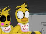 anthro beak bib blush computer dark duo electronics embarrassed feathers female fur grey_background lcd_monitor machine monitor simple_background text yellow_body yellow_feathers yellow_fur unknown_artist five_nights_at_freddy's five_nights_at_freddy's_2 scottgames chica_(fnaf) toy_chica_(fnaf) animatronic avian bird chicken galliform gallus_(genus) phasianid robot english_text reaction_image