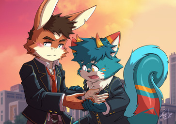 anthro blush brown_hair clothing duo fur hair heterochromia male male/male orange_body orange_fur school_uniform sunset teal_body teal_fur uniform wounded mbr xxl_woofia fogue_(xxl_woofia) kantos_(xxl_woofia) chimera lagomorph leporid mammal rabbit hi_res