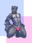 4_toes abs barefoot biceps black_nose blue_hair blush bulge canine claws clothing collar crash_azarel dog_tags fangs fur grey_fur grey_hair grin hair hands_on_hips hindpaw jockstrap kneeling male mammal muscles navel open_mouth paws pecs piercing plain_background pose pubes ritsukaxan smile solo tag teeth tiptoes toe_claws toned tongue topless underwear wolf yellow_eyes
Rating: Questionable
Score: 19
User: Crash_Azarel
Date: August 07, 2013
