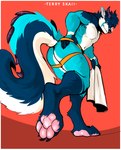 anthro butt clothing hand_on_butt jockstrap looking_back male pawpads paws solo towel towel_only underwear terryskaii_(artist) absurd_res hi_res