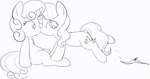 accidental_kiss banana_peel cutie_mark duo female female/female feral hair horn kissing looking_back simple_background sitting slipping white_background young young_feral mcsadat friendship_is_magic hasbro my_little_pony mythology diamond_tiara_(mlp) sweetie_belle_(mlp) earth_pony equid equine horse mammal mythological_creature mythological_equine pony unicorn black_and_white line_art monochrome