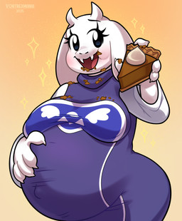 anthro clothed clothed_anthro clothed_female clothing crumbs crumbs_on_face female food fur gradient_background hand_on_belly holding_food holding_object looking_at_viewer navel outie_navel pastry pie pregnant pregnant_anthro pregnant_female simple_background smile smiling_at_viewer solo white_body white_fur vortrexmania undertale_(series) toriel bovid caprine goat mammal hi_res