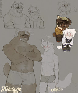 accessory acne anthro arm_hair bandage bandage_on_face beanie black_coded blush body_hair braces brown_body brown_fur bulge chest_hair chibi clothed clothed_anthro clothed_male clothing crossed_arms crystal dreadlocks duo ear_piercing facial_hair flesh_fang floppy_ears fully_clothed fully_clothed_anthro fully_clothed_male fur hair_accessory hair_ring happy happy_trail hat headgear headwear hoodie laugh male male/male male_anthro markings mole_(marking) musclegut muscular nub_tail one_ear_up one_eye_closed pie_cut_eyes piercing pink_eyes pubes romantic romantic_couple scar scars_all_over shirt size_difference skinny snaggle_tooth stated_height stud_piercing tail tail_motion tailwag topless topless_anthro topless_male topwear typography underwear white_body white_fur wink cerberussenn louie_sweeto_(cerberussenn) rj_holiday_(cerberussenn) canid canine canis domestic_dog livestock_guardian_dog mammal molosser mountain_dog pastoral_dog tibetan_mountain_dog wolf absurd_res hi_res signature sketch_page