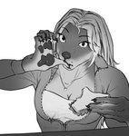 anthro breasts cleavage clothed clothing eyebrows female hair jewelry lips markings mole_(marking) necklace solo thick_bottom_lip zipper blackvulp canid mammal sandwich_(disambiguation) monochrome