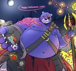 anthro beard belly big_belly blue_body bottomwear candy clothing dessert eye_patch eyewear facial_hair food holidays humanoid_hands kemono loincloth male moobs moon navel night nipples overweight overweight_male scar solo mtflying30371 halloween bear mammal 2017 hi_res