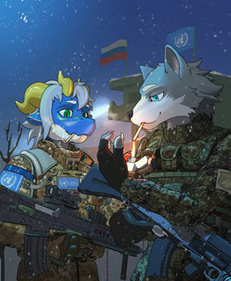 anthro bulletproof_vest camo camo_clothing camo_print cigarette clothing detailed_background duo gun lighter male military military_uniform pattern_clothing ranged_weapon rifle snow snowing toony uniform weapon carl_drake escape_from_tarkov mythology carl_drake_(character) canid canine canis dragon mammal mythological_creature mythological_scalie scalie wolf hi_res