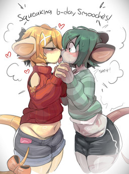 4_fingers accessory anthro anthro_on_anthro belly big_butt big_tail biped black_bottomwear black_clothing black_nose black_shorts blonde_hair blue_bottomwear blue_clothing blue_shorts blush blush_lines bodily_fluids bottomwear bow_ribbon brown_eyes bruised bulge butt clothing condom curvy_figure detailed_bulge erection erection_under_clothing femboy fingers french_kissing furgonomics genital_outline glistening glistening_belly glistening_body glistening_eyes glistening_hair glistening_skin glistening_tail glistening_thighs green_clothing green_eyes green_hair green_sweater green_topwear grey_belly grey_body grey_skin hair half-closed_eyes hand_holding hickey hotpants kissing licking_tongue male male/male male_anthro narrowed_eyes navel nervous nervous_sweat open_mouth orange_bow pattern_clothing pattern_sweater pattern_topwear penis_outline pink_condom pink_tail pockets red_clothing red_sweater red_topwear ribbons seductive sexual_barrier_device shorts side_view simple_background slightly_chubby smile striped_clothing striped_sweater striped_topwear stripes sweat sweater sweaty_face tail tail_accessory tail_bow tail_ribbon text thick_thighs three-quarter_view topwear unused_condom white_background white_sclera wide_eyed wide_hips wrapped_condom yellow_belly yellow_body yellow_skin yellow_tail mawmain kayden_(mawmain) mimi_(proudmimic) mammal mouse murid murine rodent 2025 absurd_res colored digital_drawing_(artwork) digital_media_(artwork) english_text hi_res shaded