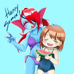 ambiguous_gender bikini black_clothing black_swimwear blue_body blush breasts brown_hair clothing duo ear_fins eye_patch eyes_closed eyeshadow eyewear female female_human fin food fruit gills hair hair_over_eye hand_on_head makeup melon navel one_eye_obstructed open_mouth panties plant ponytail purple_clothing purple_swimwear red_eyeshadow red_hair school_swimsuit sharp_teeth simple_background smile string_bikini swimwear teeth two-piece_swimsuit underwear watermelon clauschristmas2 u_tino_95 undertale undertale_(series) frisk_(undertale) undyne aquatic fish human humanoid mammal monster 1:1 2019 absurd_res artist_collaboration hi_res