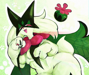 3_fingers anthro breast_curtains breasts claws cute_fangs fangs female finger_claws fingers flower_(anatomy) flower_trick fur green_body green_fur mask medium_breasts open_mouth pawpads paws pink_eyes pink_nose pokemorph solo teeth thwillartz nintendo pokemon generation_9_pokemon meowscarada pokemon_(species) hi_res