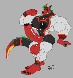 abs anthro balls barefoot big_balls big_nipples big_penis black_glans black_nipples clothing colored_nails colored_toenails feet foreskin genitals glans humanoid_genitalia humanoid_penis machine male muscular muscular_anthro muscular_male nails navel nipples non-mammal_balls non-mammal_nipples pecs penis penis_poking_out penis_through_fly plantigrade red_body red_skin skinsuit solo tail tight_clothing toenails toes vein veiny_penis rxq american_dragon:_jake_long disney mythology jake_long android dragon mythological_creature mythological_scalie robot scalie 2023 hi_res