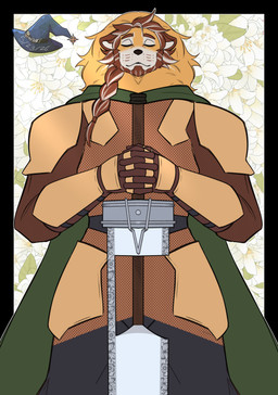 armor beard braided_hair cape clothing facial_hair gloves hair handwear king medieval melee_weapon royalty sword weapon trevhart felid hybrid lion mammal pantherine absurd_res hi_res