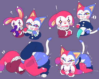 animal_balloon anthro balls blush bodily_fluids bottomwear bottomwear_down butt clothed clothing clown_costume clown_makeup condom cum cum_inside cum_on_butt doggystyle drooling duo ejaculation exclamation_point female from_behind_position genital_fluids genitals hand_on_face heart_symbol looking_at_another looking_at_genitalia looking_at_partner looking_at_penis looking_down looking_down_at_partner lying lying_on_another male male/female multicolored_body musical_note musical_symbol narrowed_eyes on_front open_mouth pants pants_down partially_clothed penis pinned question_mark safe_sex saliva sex sexual_barrier_device side_view simple_background symbol wearing_condom winking_at_another x-ray_view snazzle_snapp domestic_cat felid feline felis lagomorph mammal hi_res