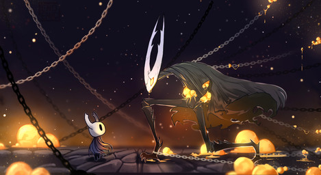 2_horns ambiguous_gender biped black_eyes chain cloak clothed clothing duo empty_eyes horn looking_at_another orange_eyes standing endemilk hollow_knight_(franchise) team_cherry hollow_knight_(character) the_knight_(hollow_knight) arthropod infected_(species) vessel_(species) 2021 hi_res sibling_(lore)