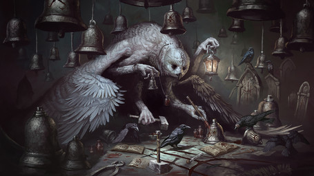 ambiguous_gender anthro bell black_body black_feathers book brush caryl_runes feathers feral grey_body grey_feathers group hammer jewelry lamp necklace paint paintbrush tombstone tools istrandar bloodborne fromsoftware sony_corporation sony_interactive_entertainment avian bird corvid corvus_(genus) crow oscine owl passerine 16:9 widescreen