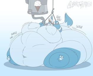 3_toes 4_fingers anthro belly big_belly big_breasts big_butt blue_arms blue_body blue_ear_tips blue_fur blue_legs blue_tail bound breasts brown_clothing brown_hat brown_headwear butt clothing dessert dipstick_ears ear_markings feeding_machine feet female female_anthro fingers food force_feeding forced fur glug gurgle_(sound_effect) hands_tied hat headgear headwear huge_belly huge_breasts huge_butt ice_cream morbidly_obese multicolored_ears nude nude_anthro nude_female obese obese_anthro obese_female onomatopoeia overweight overweight_anthro overweight_female pawpads rumbling_stomach simple_background sitting sitting_on_ground slosh sloshing_belly sloshing_breasts sloshing_butt solo sound_effects tail text toes weight_gain white_background white_body white_fur white_pawpads wobble wobbling buntoxin nintendo pokemon mickeon eeveelution generation_4_pokemon glaceon pokemon_(species) 2023 hi_res