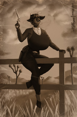 anthro belt belt_buckle big_breasts black_body black_fur black_hair black_lips boots bottomwear breasts brown_clothing brown_jacket brown_topwear buckle buckteeth button_(fastener) cheek_tuft clothed clothing cloud collared_shirt cowboy_boots cowboy_outfit detailed_background dress_shirt duster_coat eyebrows eyelashes eyeliner facial_hair facial_tuft female fence fencepost fingers footwear fur goatee grass gun hair handgun hill holding_object holding_ranged_weapon holding_weapon holster hoof_shoes hooved_fingers hooves horn huge_breasts jacket knife knife_sheath lips looking_at_viewer makeup ocular_prosthetic pants pistol plant pose prosthetic raised_arm ranged_weapon red_eyes revolver shirt shoes short_hair sitting_on_fence sitting_on_object sky smile smiling_at_viewer solo sunset teeth teeth_showing topwear tree tuft vest weapon white_clothing white_shirt white_topwear clearvision bathory_black_(therealnarrowjungle) accipitrid accipitriform avian bird bovid caprine eagle goat mammal absurd_res hi_res huge_filesize monochrome pinup sepia signature