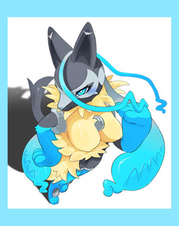anthro big_breasts blue_body blue_border blue_eyes blue_fur blush border breasts female fur grey_body grey_fur hand_on_hip hand_on_own_hip high-angle_view nipple_outline pupils simple_background smile solo white_background white_pupils yellow_body yellow_fur kemokoko nintendo pokemon pokemon_legends_z-a canid generation_9_pokemon mammal mega_evolution mega_lucario_z pokemon_(species) 2025 absurd_res full-length_portrait hi_res portrait