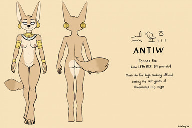 anklet anthro bracelet breasts butt claws clothing countershade_face countershade_fur countershade_torso countershading ear_piercing ear_ring egyptian egyptian_clothing female fur gold_(metal) gold_jewelry hand_on_head head_tuft historical jewelry nipples piercing ring_piercing solo standing tan_body tan_fur text toe_claws tuft scribefang antiw_(scribefang) canid canine fennec_fox fox mammal true_fox 2025 digital_drawing_(artwork) digital_media_(artwork) english_text hi_res hieroglyphic_text model_sheet