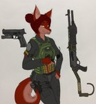 anthro ear_piercing female gun hair handgun male mercenary military piercing ranged_weapon shotgun soldier solo spas-12 warrior weapon zhs zzinhimsum frankie_jay_dimaggio canid canine fox mammal absurd_res hi_res