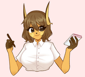 anthro big_breasts breasts clothing collared_shirt dress_shirt female note_pad pen_(object) shirt solo topwear nejo_nejo nintendo pokemon julia_sparks_(faelocke) generation_1_pokemon pokemon_(species) raichu absurd_res hi_res