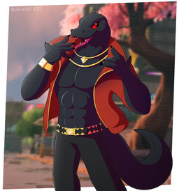 abs anthro belt bottomwear clock clothing jacket jewelry male muscular muscular_anthro muscular_male necklace open_mouth open_smile outside pants pecs plant pose red_eyes shirtless smile solo teeth tongue topwear tree watch wristwatch leo-wolf epic_games fortnite thunder_(fortnite) komodo_dragon lizard monitor_lizard reptile scalie 2023 absurd_res digital_media_(artwork) hi_res