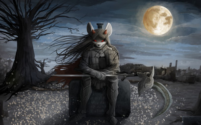 anthro armor biped black_hair black_nose clothed clothing front_view fur gauntlets gloves glowing glowing_eyes greaves hair handwear holding_melee_weapon holding_object holding_weapon long_hair male melee_weapon moon night outside plant polearm red_eyes red_moon scythe sitting solo tree weapon whiskers white_body white_fur fuf bloodborne fromsoftware sony_corporation sony_interactive_entertainment mammal mouse murid murine rodent 2019 alternate_version_at_source hi_res