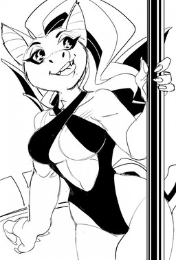 anthro bat_wings breasts cleavage clothed clothing fangs female membrane_(anatomy) membranous_wings one-piece_swimsuit open_mouth open_smile pole smile solo standing swimwear teeth tongue tongue_out under_boob wide_hips wings doedog bat mammal 2016 hi_res monochrome portrait three-quarter_portrait
