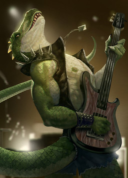 anthro bass_guitar concert crocodaile guitar male metal music musical_instrument playing plucked_string_instrument rock solo string_instrument conditional_dnp royz dinosaur prehistoric_species reptile scalie hi_res