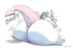 2022 anthro big_butt blue_eyes butt butt_expansion digital_drawing_(artwork) digital_media_(artwork) expansion gillpanda hi_res huge_butt hyper hyper_butt looking_back male overweight overweight_male raised_tail rear_view simple_background sitting solo tail weight_gain whiskers white_background white_body wings