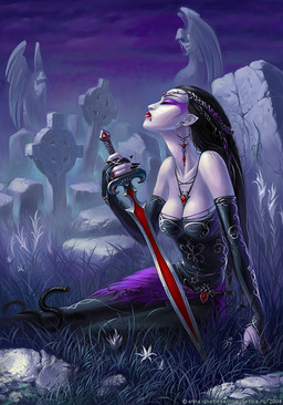 ambiguous_feral ambiguous_gender arm_support armwear black_body black_hair black_scales blood blood_from_mouth blood_in_mouth bodily_fluids breasts cemetery cleavage clothed clothed_female clothed_humanoid clothing cloud collarbone colored_fingernails colored_nails detailed_background dress duo ear_piercing ear_ring elbow_gloves facial_markings female female_humanoid feral fingernails fully_clothed fully_clothed_female fully_clothed_humanoid game_cover gloves grass hair handwear head_markings humanoid_focus humanoid_pointy_ears jewelry long_fingernails markings medium_breasts melee_weapon nails not_furry_focus pendant piercing plant pointy_ears purple_body purple_skin purple_sky ring_piercing scales sitting sky sword text tombstone weapon anna_ignatieva sacred_(video_game) sacred_(video_game_series) thq_nordic vampiress_(sacred) humanoid reptile scalie snake vampire 2004 cover dated official_art signature url