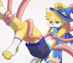 anthro arms_tied blue_eyes bound bulge claws countershading feral fur legs_tied male paws solo tentacle_on_chest tentacles white_body white_fur yellow_body yellow_fur akari domestic_cat felid feline felis mammal absurd_res hi_res shaded