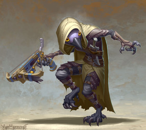 4_fingers ambiguous_gender armor beak belt cape clothing dagger feet fingers holding_crossbow hood leather leather_armor melee_weapon on_one_leg solo standing talons toes weapon vanharmontt dungeons_and_dragons hasbro wizards_of_the_coast avian kenku 2022 absurd_res digital_media_(artwork) hi_res