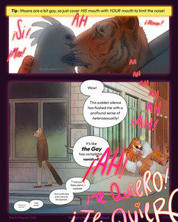 anthro bloom blush border bottomwear brown_clothing brown_shirt brown_topwear building city clothing dialogue eyes_closed face_to_face group hand_on_neck i_love_you kissing legs_in_air male male/male markings moan oblivious outside pants pawpads public public_sex purple_border sex shirt sidewalk spanish speech_bubble striped_markings stripes tail tan_bottomwear tan_clothing tan_pants text topwear trio walking_away whisker_markings window wings sharkinthepark avian bird felid gulonine mammal marten mustelid musteline pantherine tiger 2026 4:5 absurd_res english_text hi_res