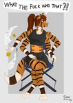 anthro breasts brown_hair bulge chair english_text felid fur furniture gamal gynomorph hair hi_res intersex kayle_mirash mammal medium_breasts multi_arm multi_limb muscular muscular_anthro muscular_intersex orange_body orange_fur pantherine profanity sitting solo text tiger wide_hips