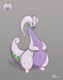 ambiguous_gender antennae_(anatomy) anthro big_eyes biped glistening glistening_body green_eyes green_markings grey_background markings open_mouth purple_body semi-anthro simple_background slime solo standing tail tailbutt text thick_tail three-quarter_view toby_art mythology nintendo pokemon dragon generation_6_pokemon goo_creature goodra mythological_creature mythological_scalie pokemon_(species) scalie 2025 digital_drawing_(artwork) digital_media_(artwork) full-length_portrait hi_res portrait signature