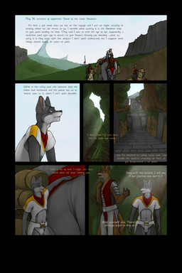 anthro armor black_nose brown_body brown_fur bulge clothed clothing dialogue feral forest fur green_eyes grey_body grey_fur group male plant temple text tree valley ipoke canid canine canis mammal wolf 2:3 comic english_text hi_res