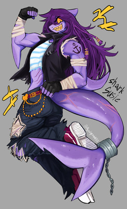 alternate_species anthro bottomwear clothed clothed_anthro clothed_female clothing denim denim_bottomwear denim_clothing female fin fingerless_gloves footwear freckled_arms freckled_face freckled_shoulders freckled_tail freckles fully_clothed fully_clothed_anthro fully_clothed_female gills gloves grin hair hand_wraps handwear jeans leather leather_clothing leather_topwear leather_vest long_tail looking_at_viewer muscular muscular_anthro muscular_female pants purple_body purple_hair purple_skin scar sharp_teeth shoes smile sneakers solo tail tail_fin teeth thick_tail topwear torn_bottomwear torn_clothing torn_jeans torn_pants vest wraps x_scar yellow_teeth axolgra deltarune undertale_(series) susie_(deltarune) fish marine shark hi_res