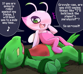 beaten blush bodily_fluids bound celebi claws dialogue duo edit english_text female feral green_body green_claws green_eyes green_skin grovyle grovyle_the_thief hard_translated hukitsuneko legendary_pokémon lizard male nintendo pink_body pink_skin pokémon pokémon_(species) pokémon_mystery_dungeon red_body red_skin reptile scalie shiny_celebi_(eotds) shiny_pokémon simple_background smooth_skin sweat text translated video_games yellow_sclera
