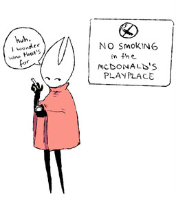 anthro biped black_body cigarette clothing female holding_cigarette holding_lighter holding_object lighter no_smoking red_clothing side_glance simple_background solo silkysong hollow_knight huh._i_wonder_who_that's_for mcdonald's team_cherry hornet_(hollow_knight) arachnid arthropod spider 2022 hi_res