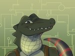 abstract_background ambiguous_gender anthro bionic_tail bionics cybernetic_limb cybernetic_tail looking_at_viewer sharp_teeth smile smiling_at_viewer snout solo teeth jaspering alligator alligatorid crocodilian reptile scalie 2024 bust_portrait digital_drawing_(artwork) digital_media_(artwork) portrait shaded