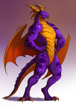 4_fingers aged_up anthro chin_spikes claws facial_spikes featureless_crotch fingers hands_on_hips horn jaw_spikes male membrane_(anatomy) membranous_wings muscular nude purple_body purple_eyes purple_scales scales serious shadow simple_background solo spikes spikes_(anatomy) standing tail ventral_scales wings yellow_body yellow_claws yellow_horn yellow_scales yellow_spikes dimenran activision mythology spyro_the_dragon balloonist_spyro dragon mythological_creature mythological_scalie scalie winged_dragon 2026 digital_media_(artwork) full-length_portrait hi_res portrait