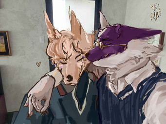 anthro arm_around_shoulders black_nose clothing collared_shirt dress_shirt duo eyes_closed eyewear glasses gold_glasses gold_nose heart_symbol kissing_cheek male male/male purple_makeup shirt smile sweater topwear vest white_body kirou viktor_(deafcake) canid canine canis domestic_dog fox mammal 4:3 draw_over hi_res